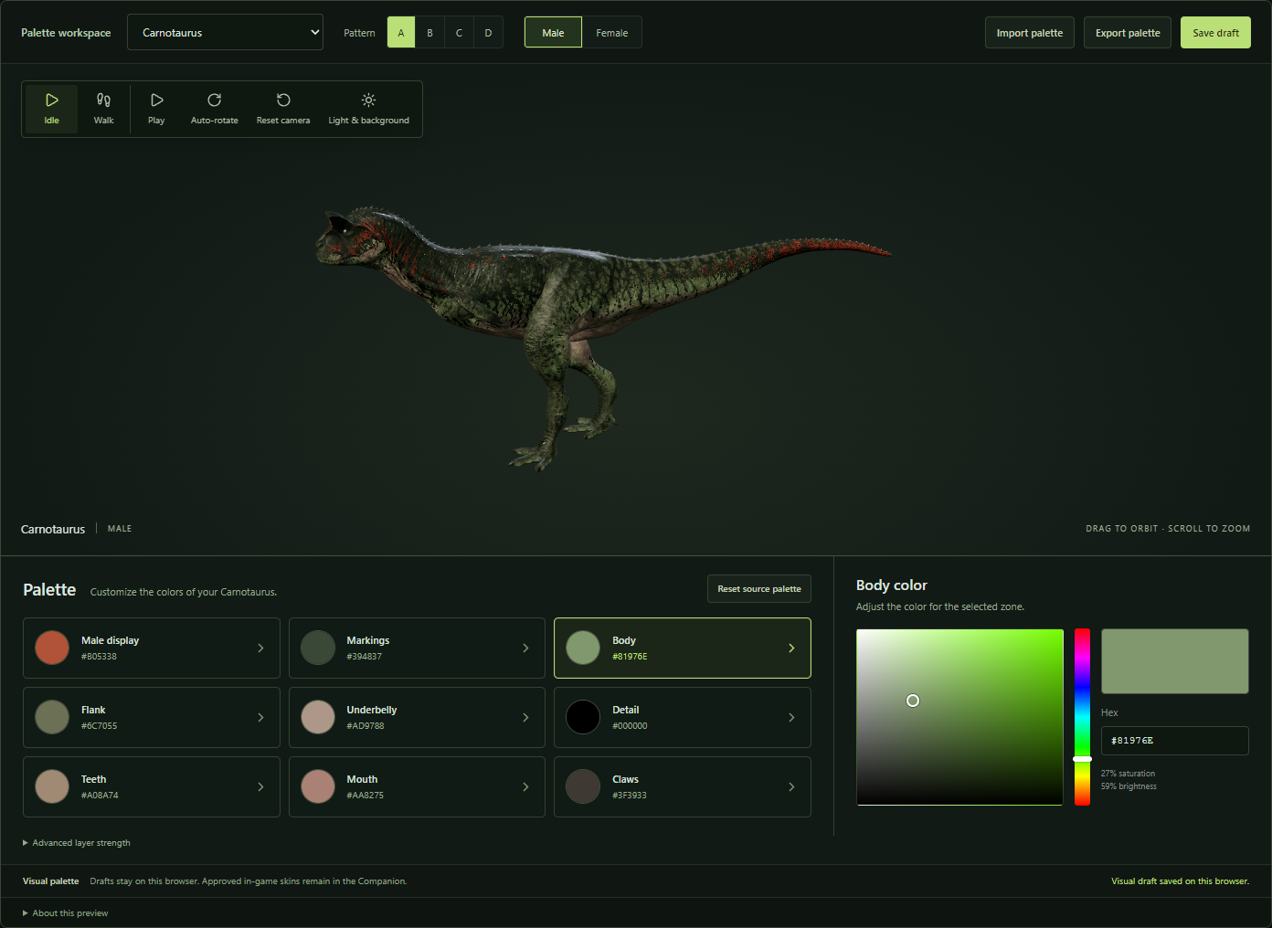 Fossilwake Skin Studio showing a Carnotaurus in the large 3D viewport, named color zones, and the Body color picker